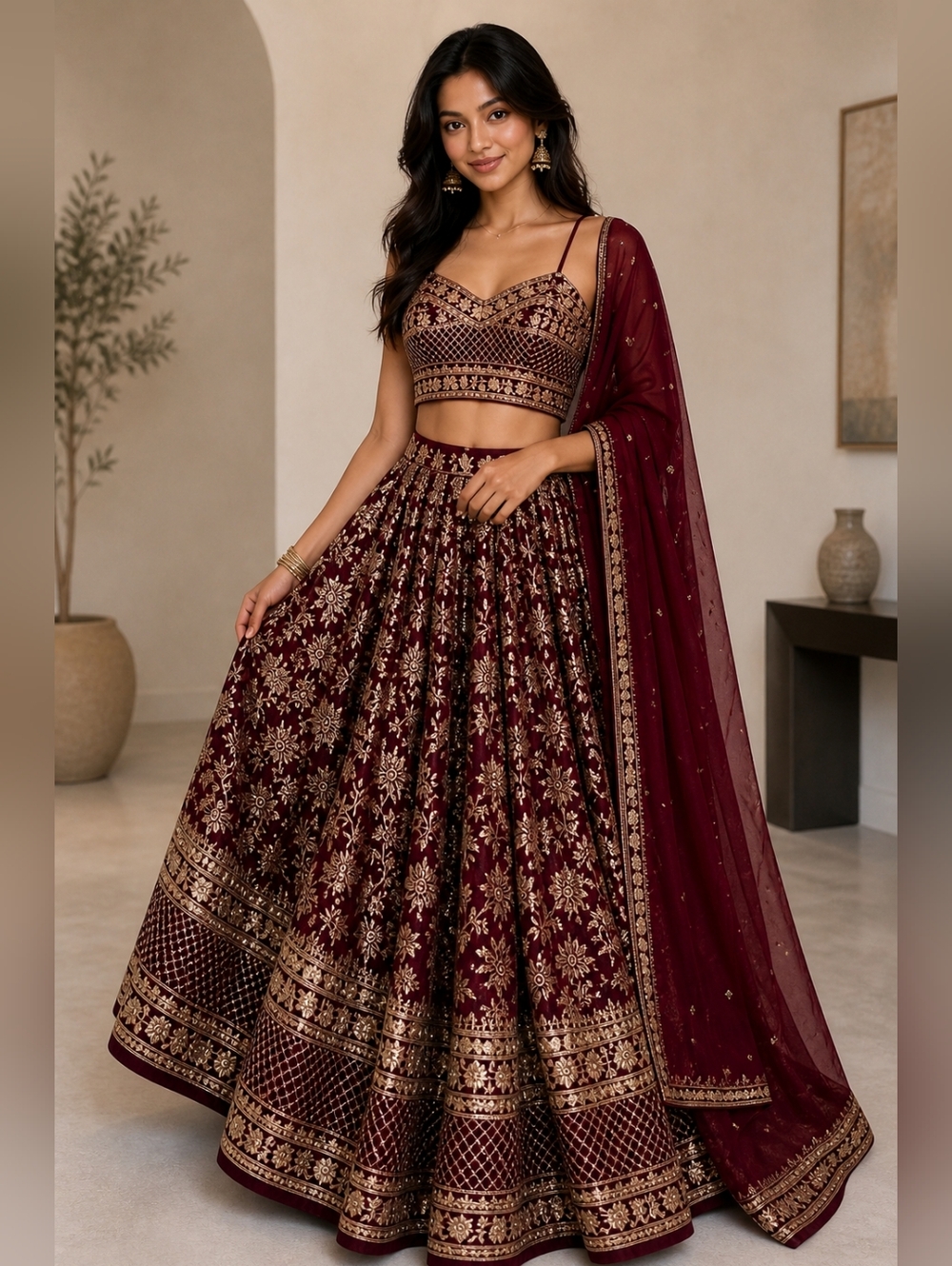 Wine Dola Silk Jacquard Lehenga Choli Set